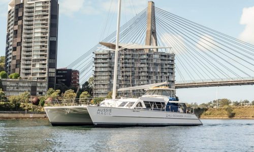 Luxury charter yacht sailing beneath Sydney's iconic Anzac Bridge.