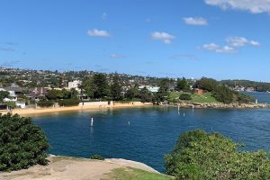Scenic Sydney harbor view with luxurious waterfront properties.
